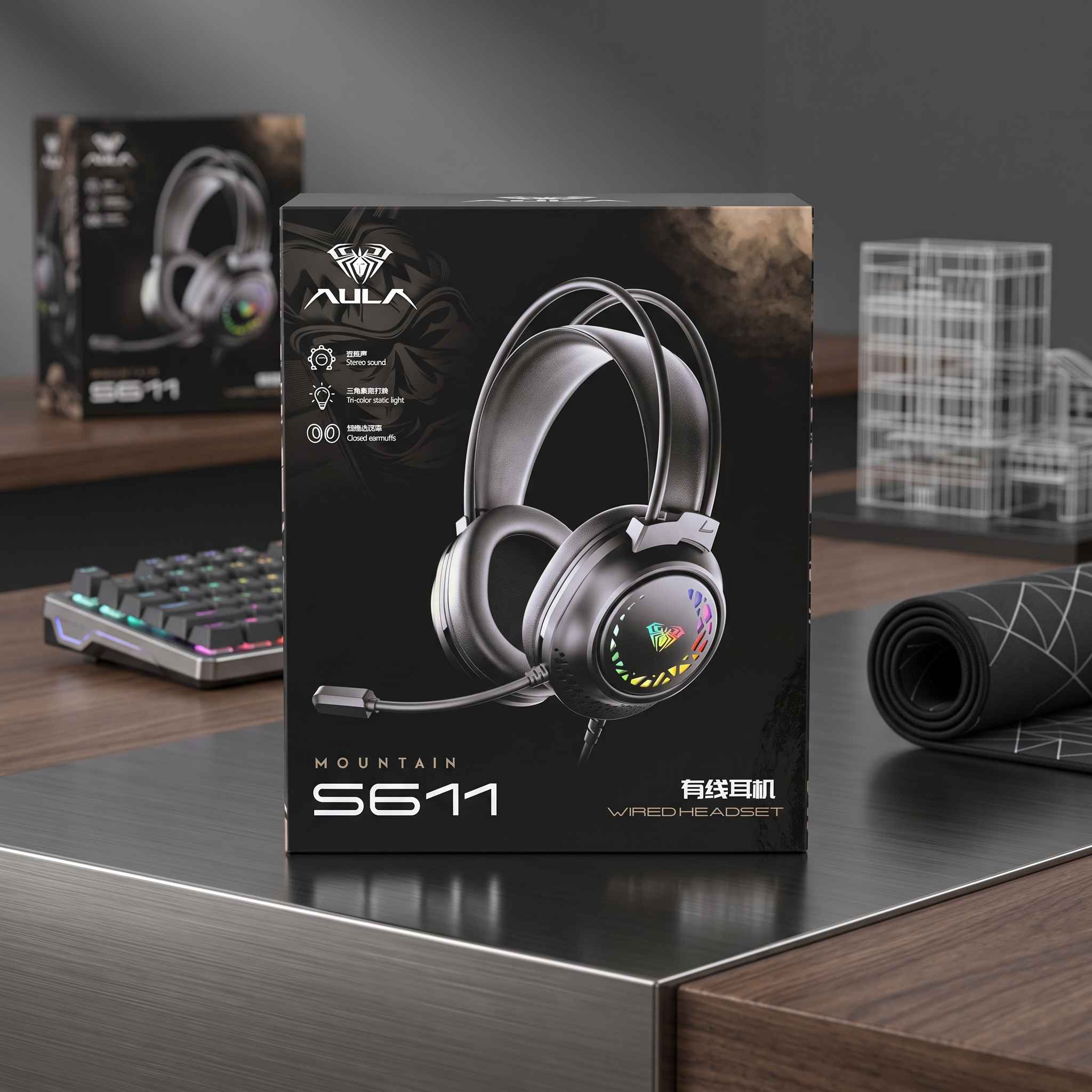 AULA S611 Wired Gaming Headset featuring immersive stereo sound, tri-color static LED lighting