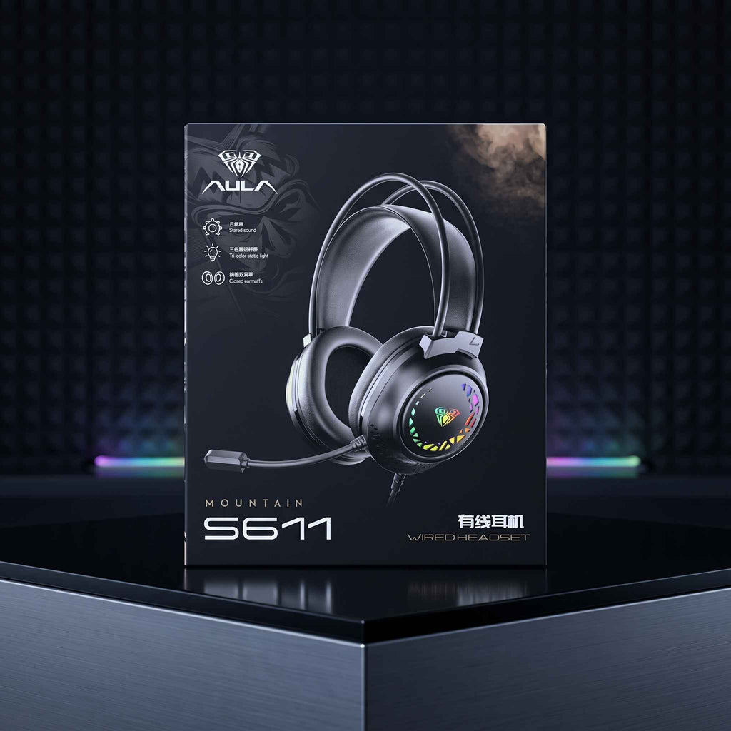 AULA S611 Wired Gaming Headset featuring immersive stereo sound, tri-color static LED lighting