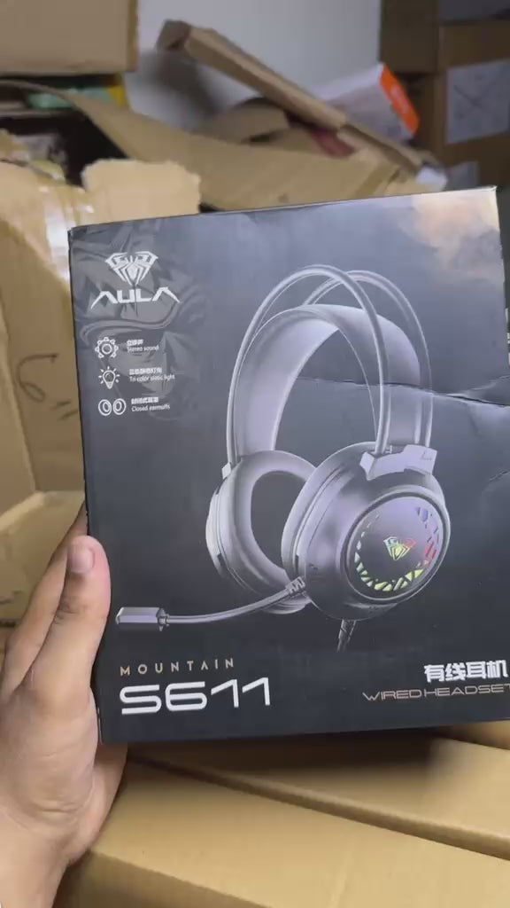 AULA S611 Wired Gaming Headset featuring immersive stereo sound, tri-color static LED lighting